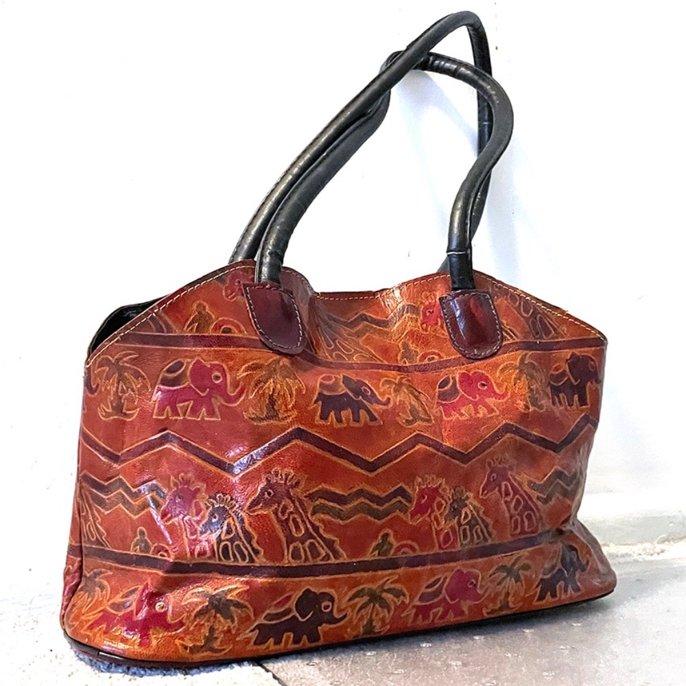 Vintage Ladies Leather Handbag with embossed African motif – circa 1980s